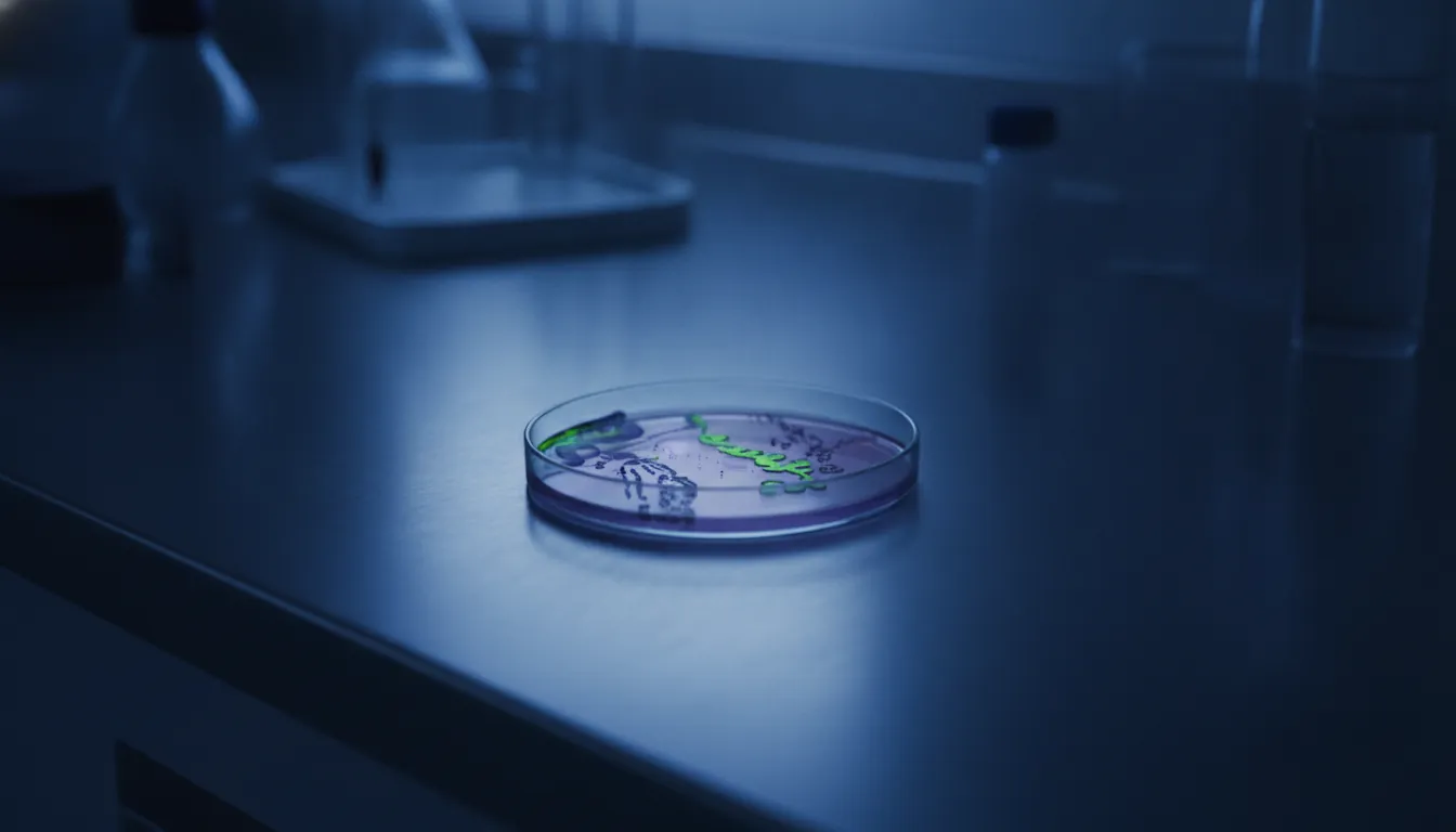 A petri dish with a biological sample in a dimly lit lab setting.