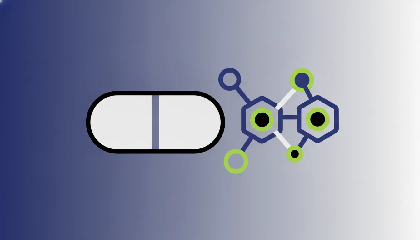 A minimalist illustration of a pill and a molecule representing the pharmaceutical industry.