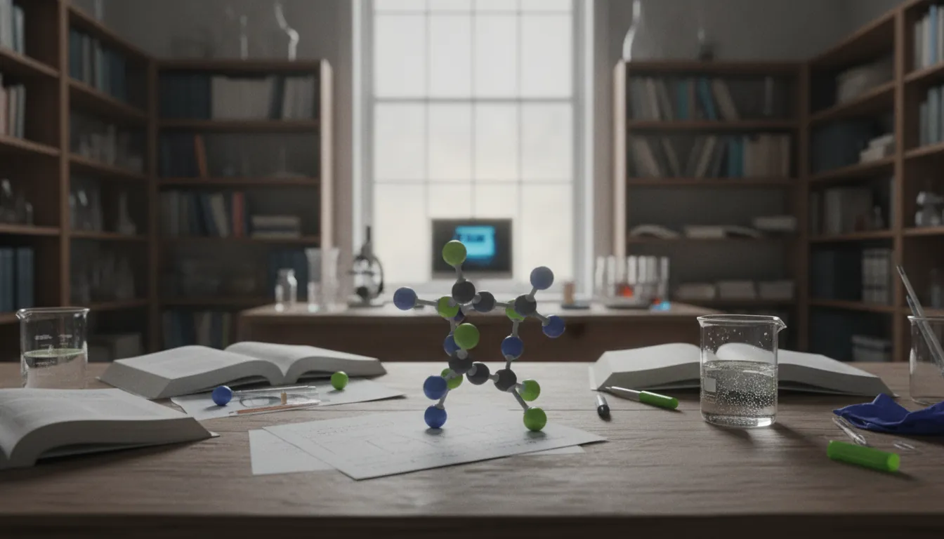 A molecular model on a lab bench in a research laboratory
