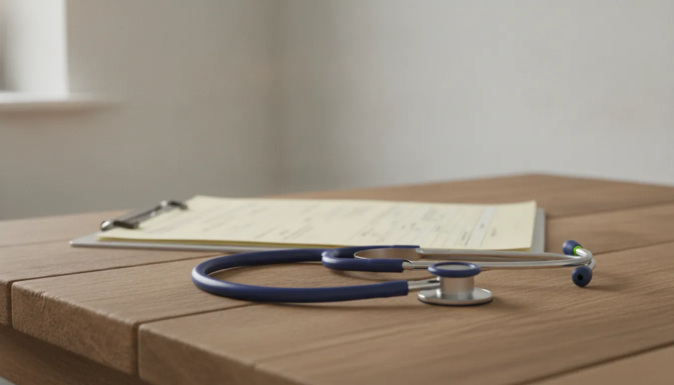 A stethoscope on a wooden table in a clinical room, with a medical chart in the background.