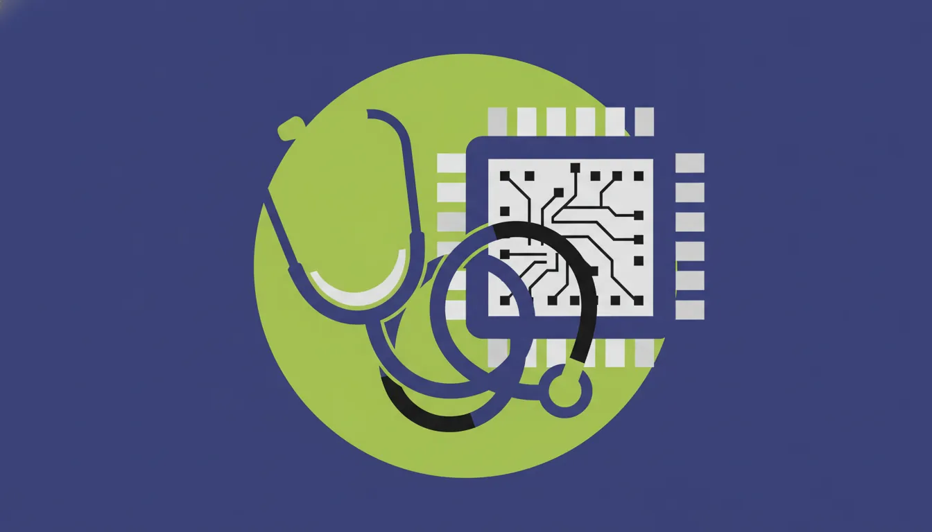 A minimalist illustration of a stethoscope and computer chip representing healthcare technology.