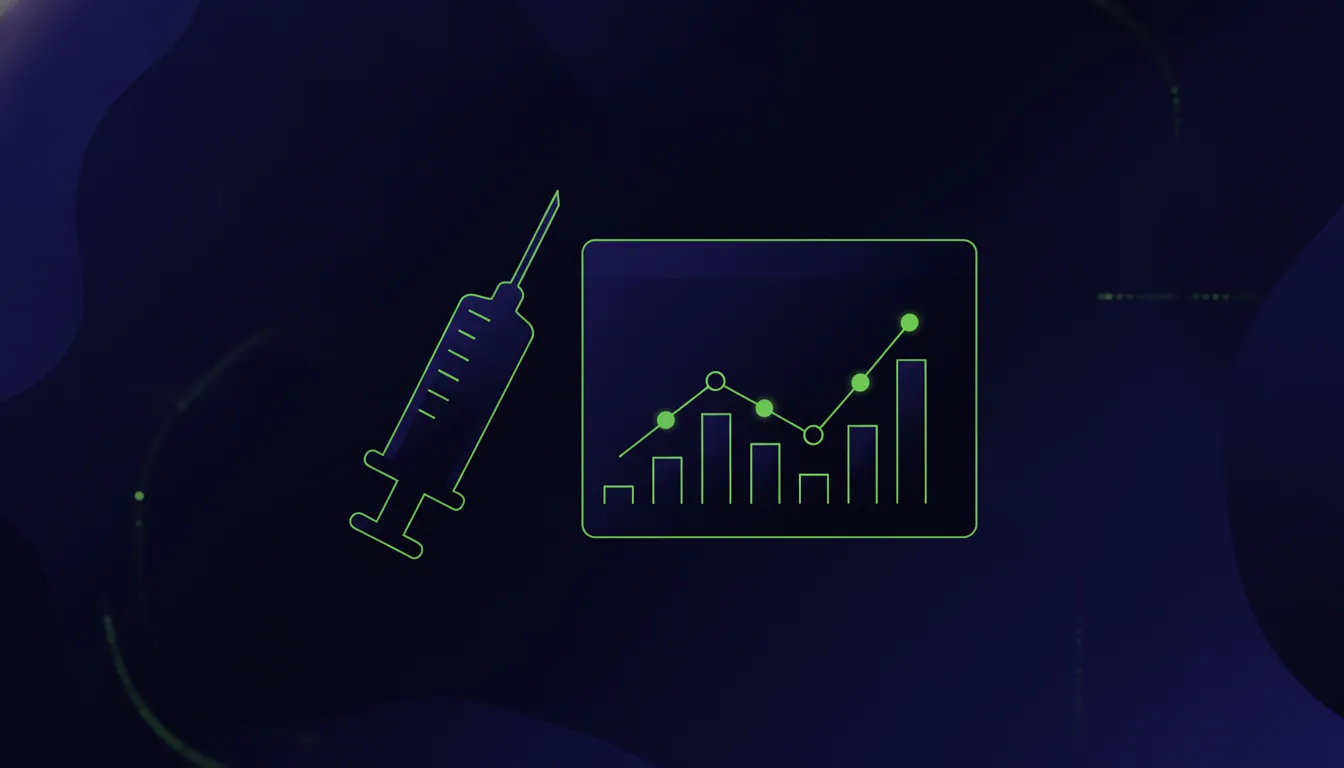 A minimalist illustration of a syringe and a data chart in a dark palette.