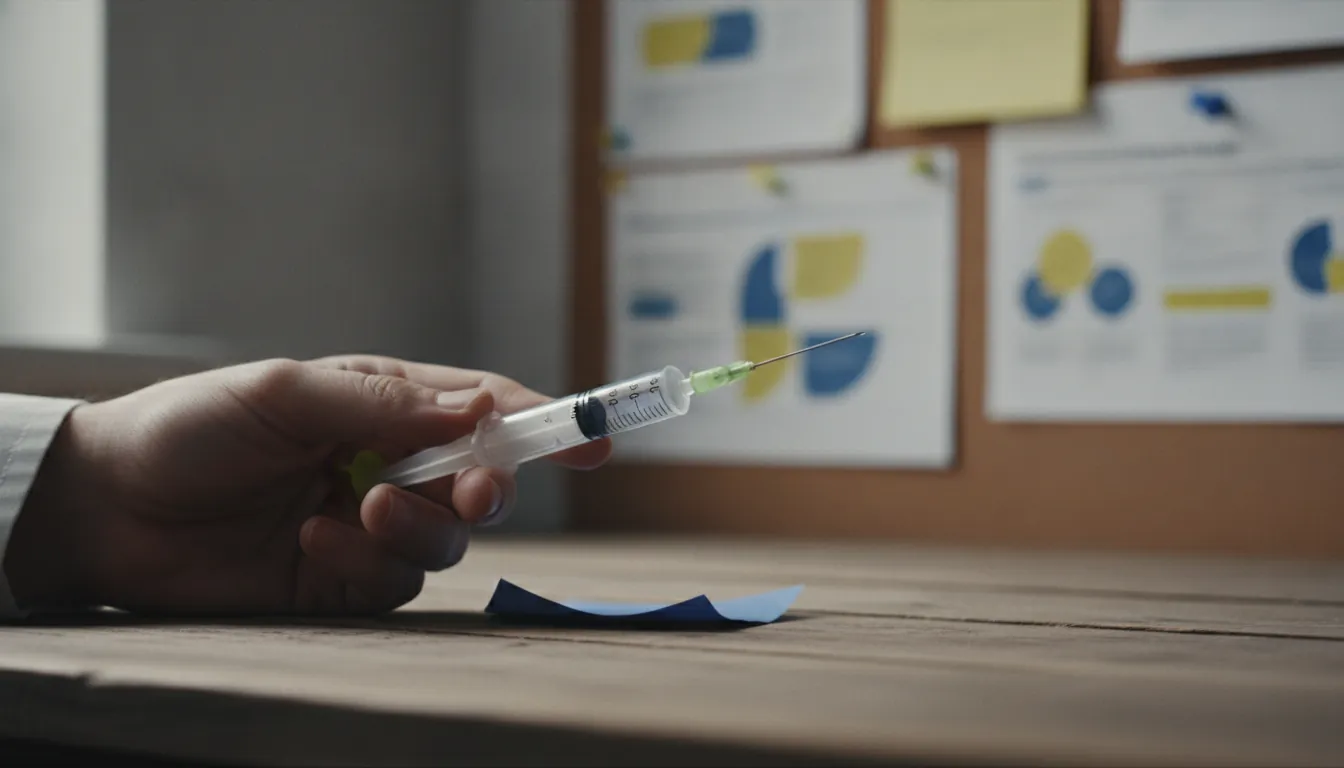 A hand holding a syringe in a clinical workspace