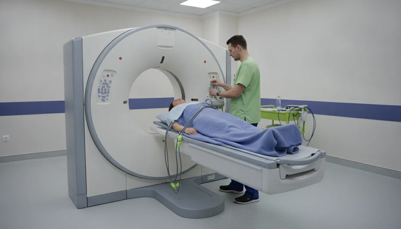 A patient undergoing a cardiac CT scan in a clinical setting.