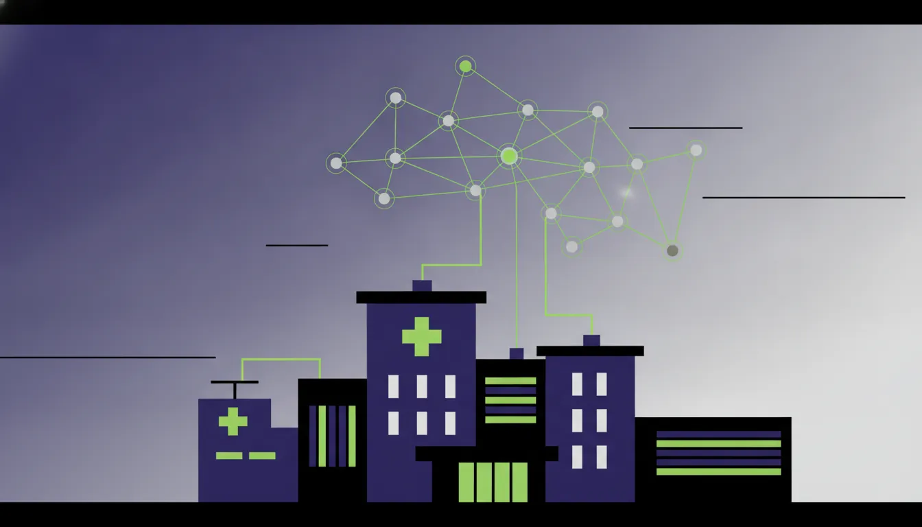 Minimalist illustration of a hospital with digital health elements