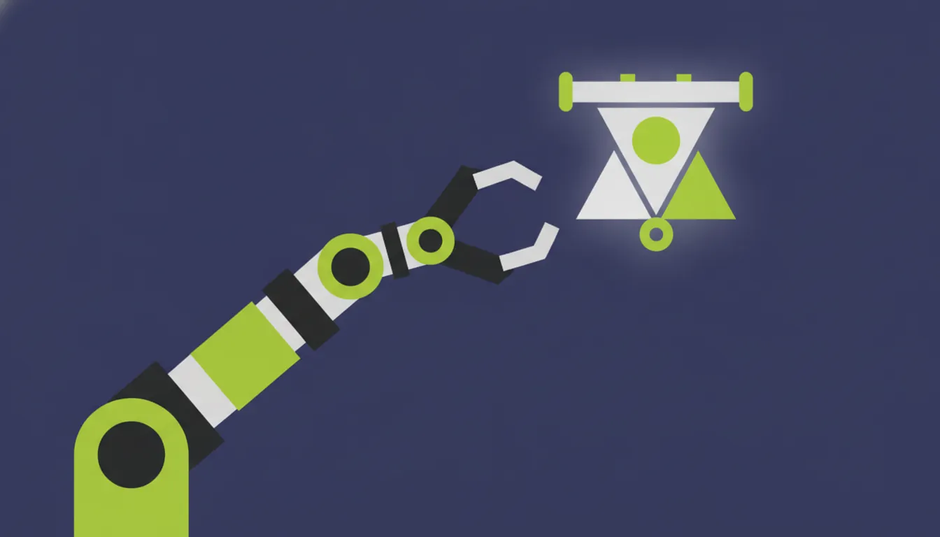 A flat illustration of a robotic arm and surgical device in a minimalist style.