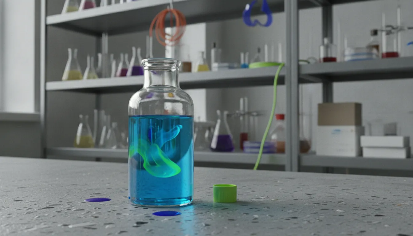 A glass vial containing a drug compound on a lab bench with equipment in the background.