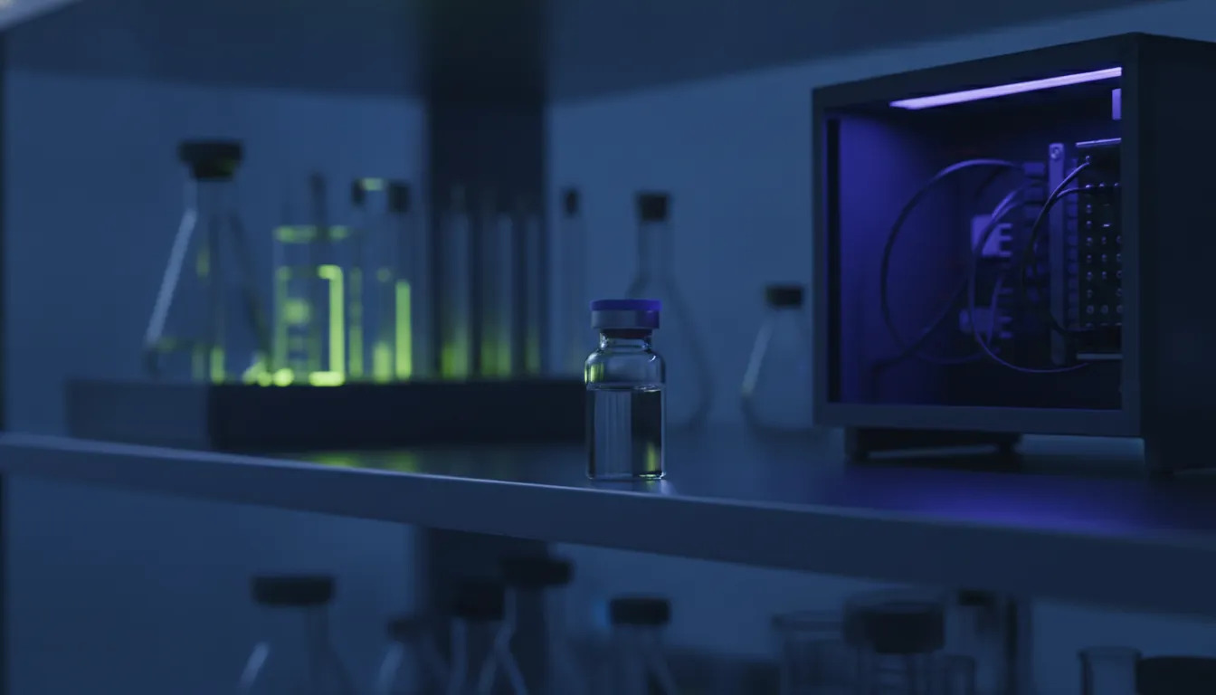 A vial of medication on a laboratory shelf in a dimly lit setting.
