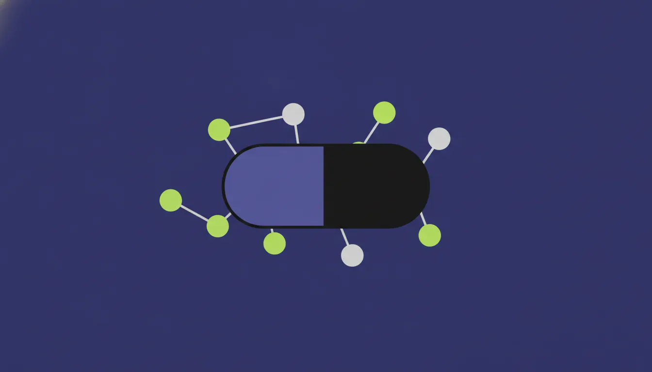 A minimalist illustration of a pill and molecular structure representing AI drug discovery.