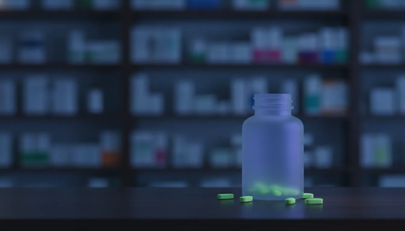A pill bottle and scattered pills on a pharmacy shelf in dim light.