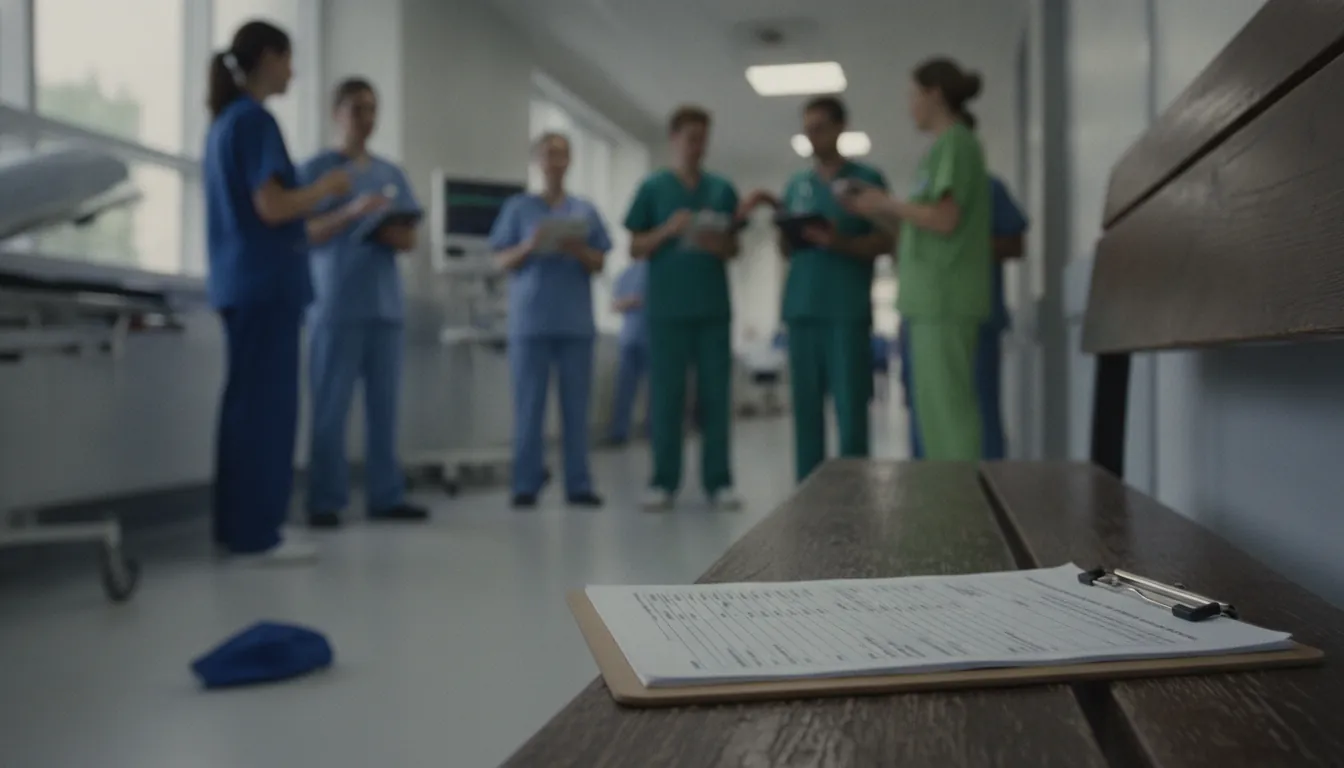 Clipboard with patient data in a hospital corridor