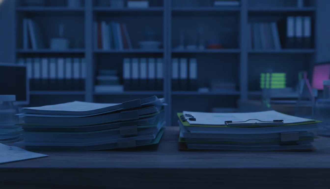 A stack of clinical data reports in a dimly lit lab setting.