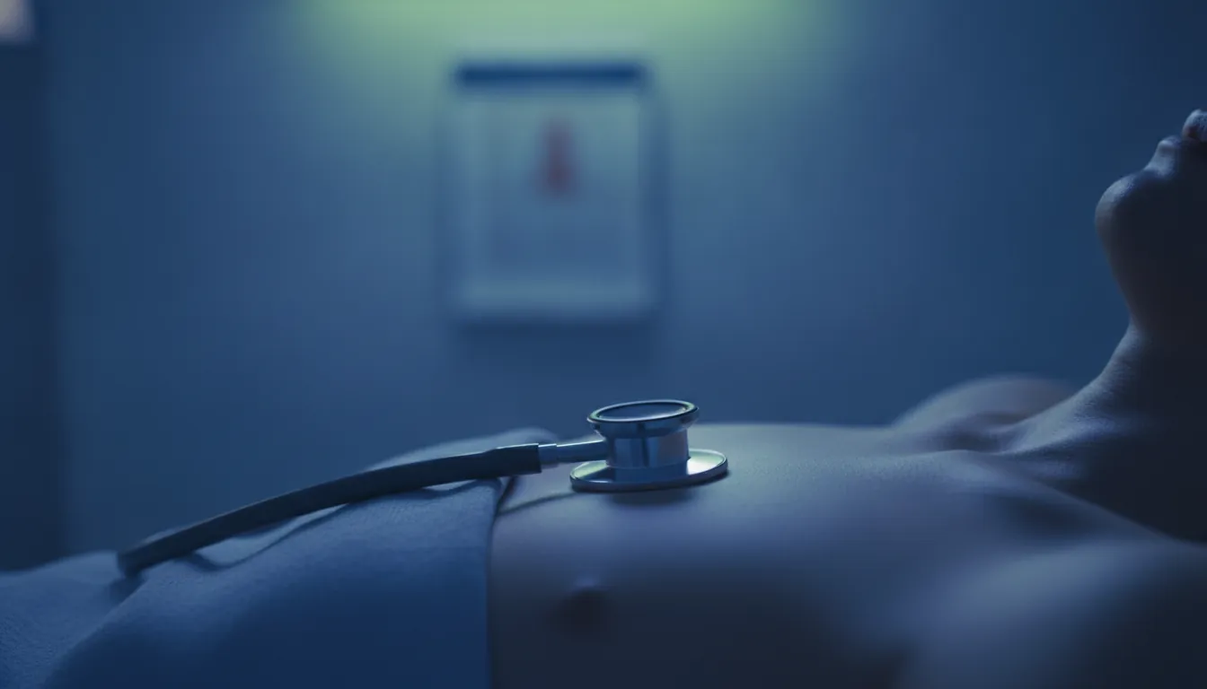 A stethoscope on a patient's chest in a dimly lit examination room.