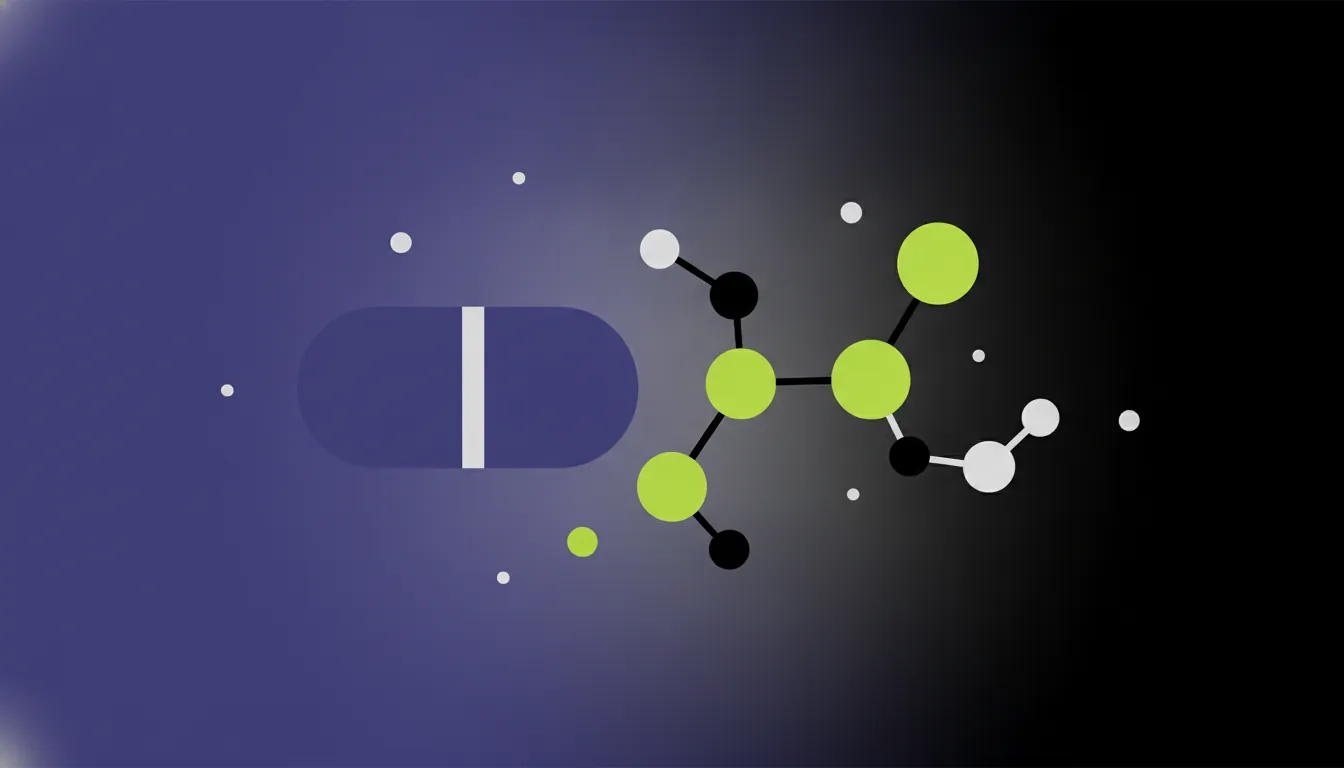 A minimalist illustration of a pill and a molecule on a solid background.