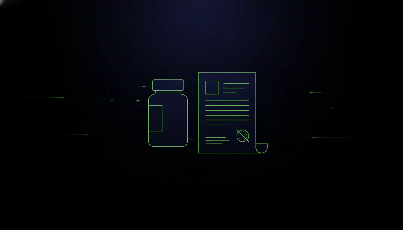 A minimalist illustration of a pill bottle and a regulatory document in a dark color scheme.