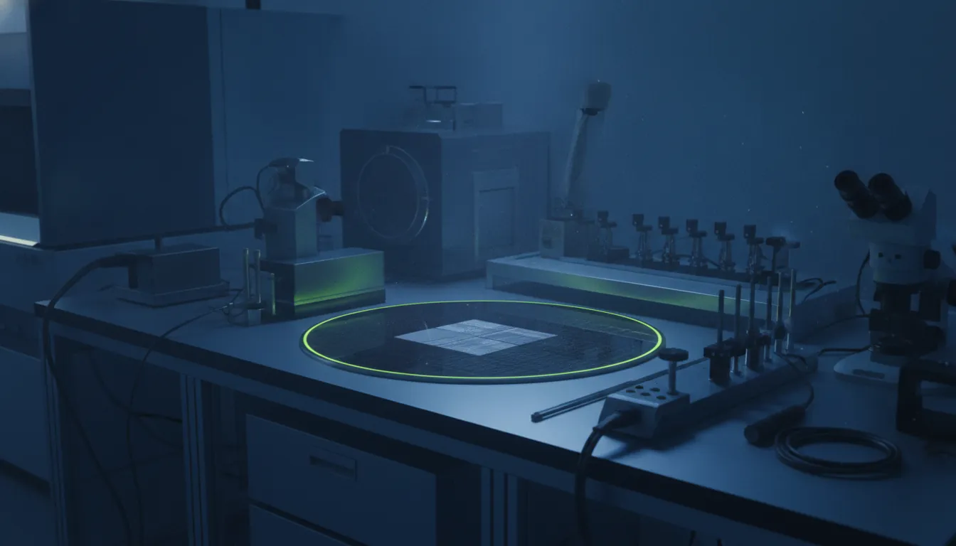 A semiconductor wafer on a workbench in a dimly lit lab