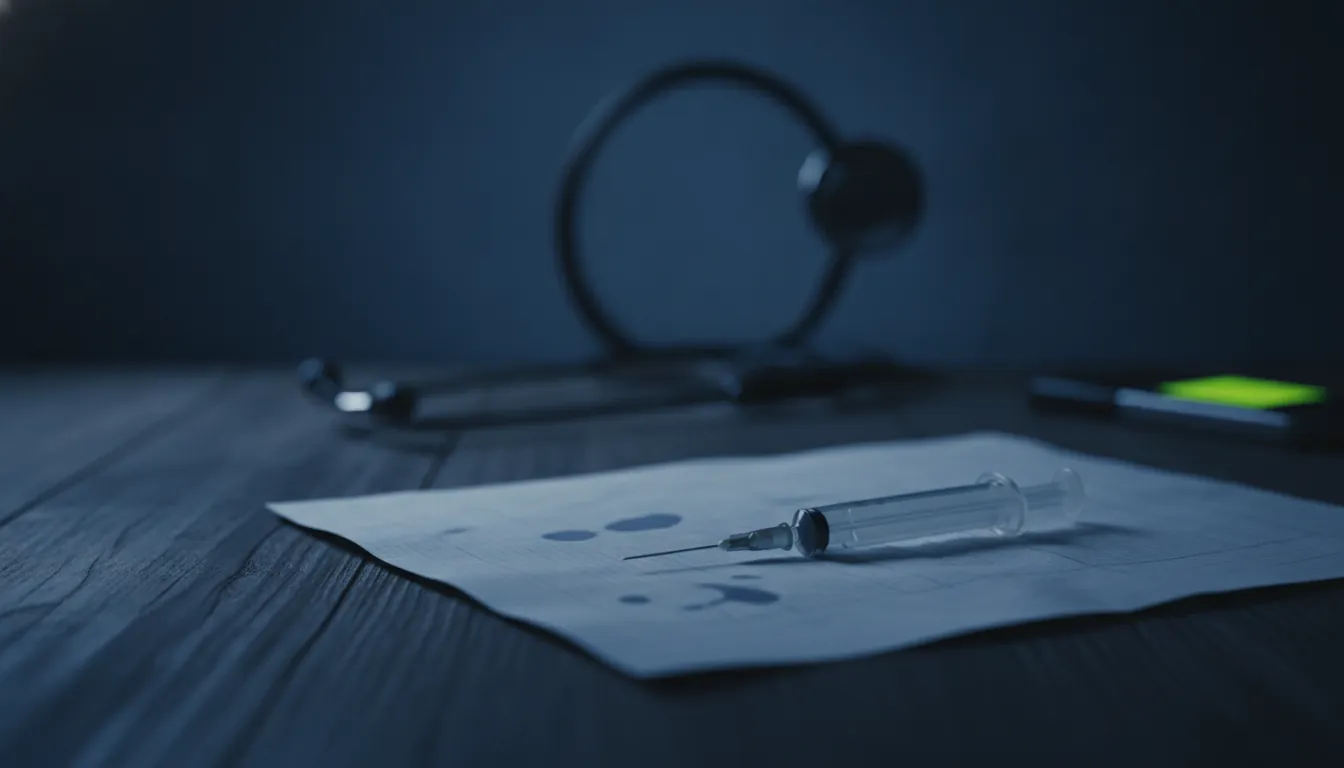 A syringe and medical chart in a dimly lit examination room