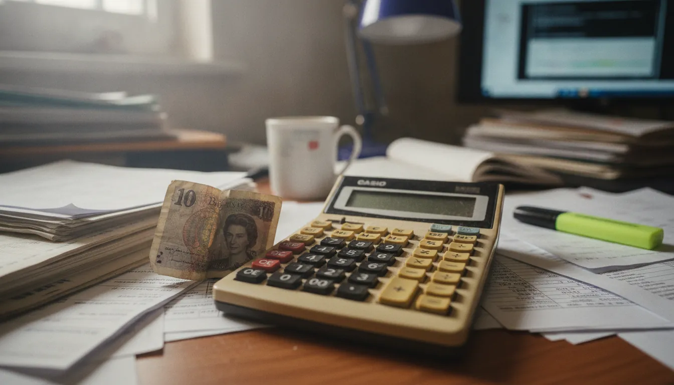 A pound sterling note and calculator on an office desk