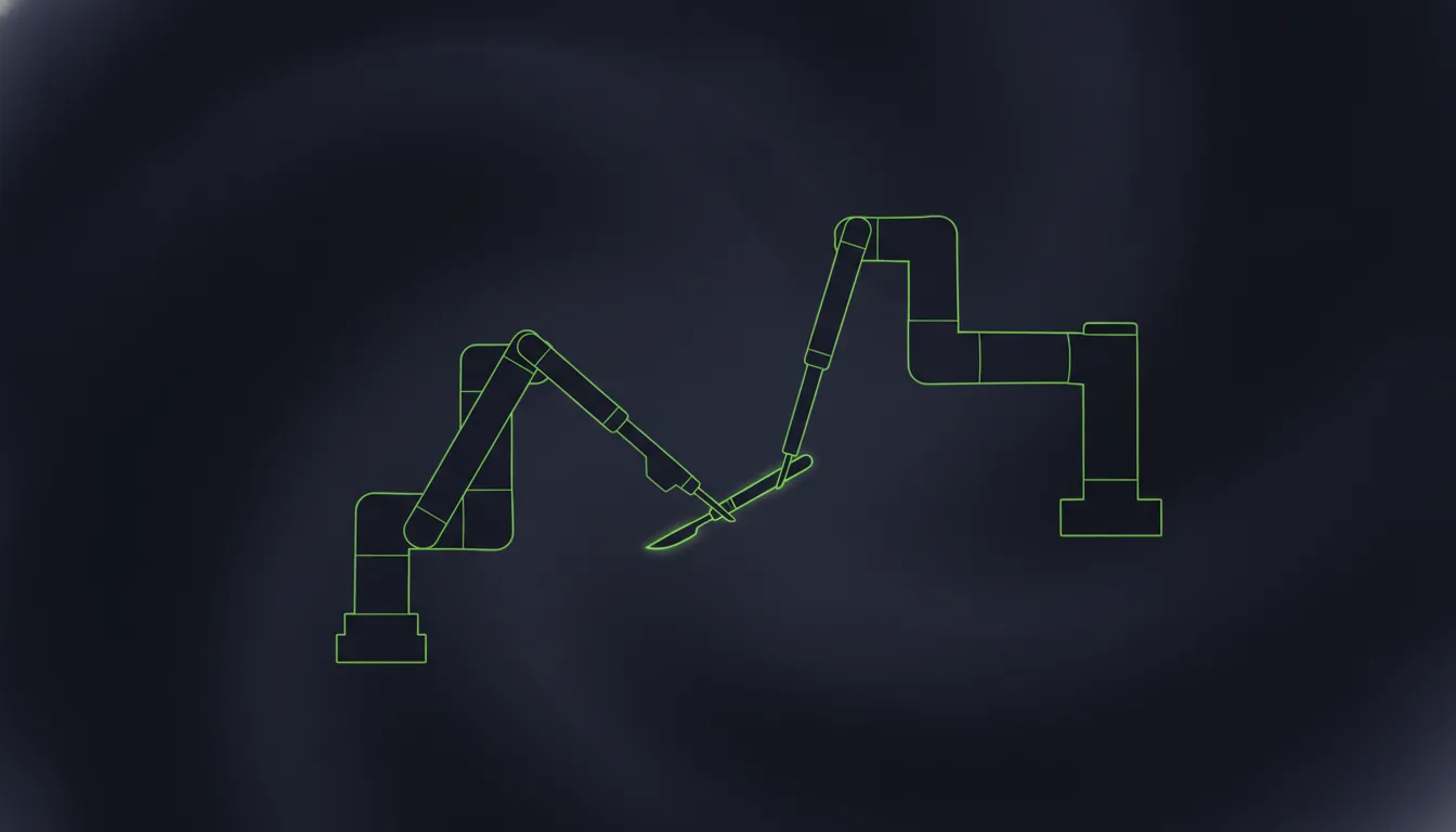 A minimalist illustration of a surgical robot arm with a scalpel in an operating room setting.