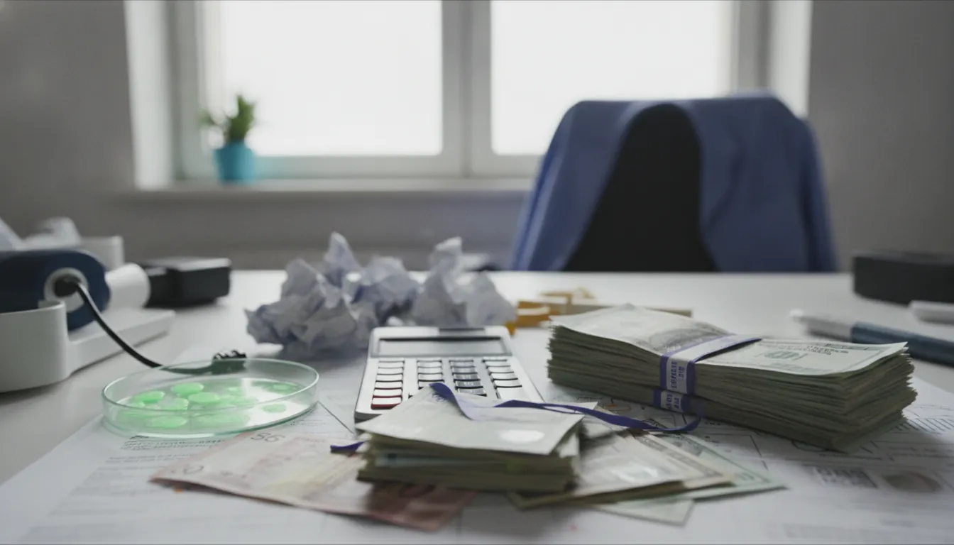 A stack of banknotes and a calculator on an office desk