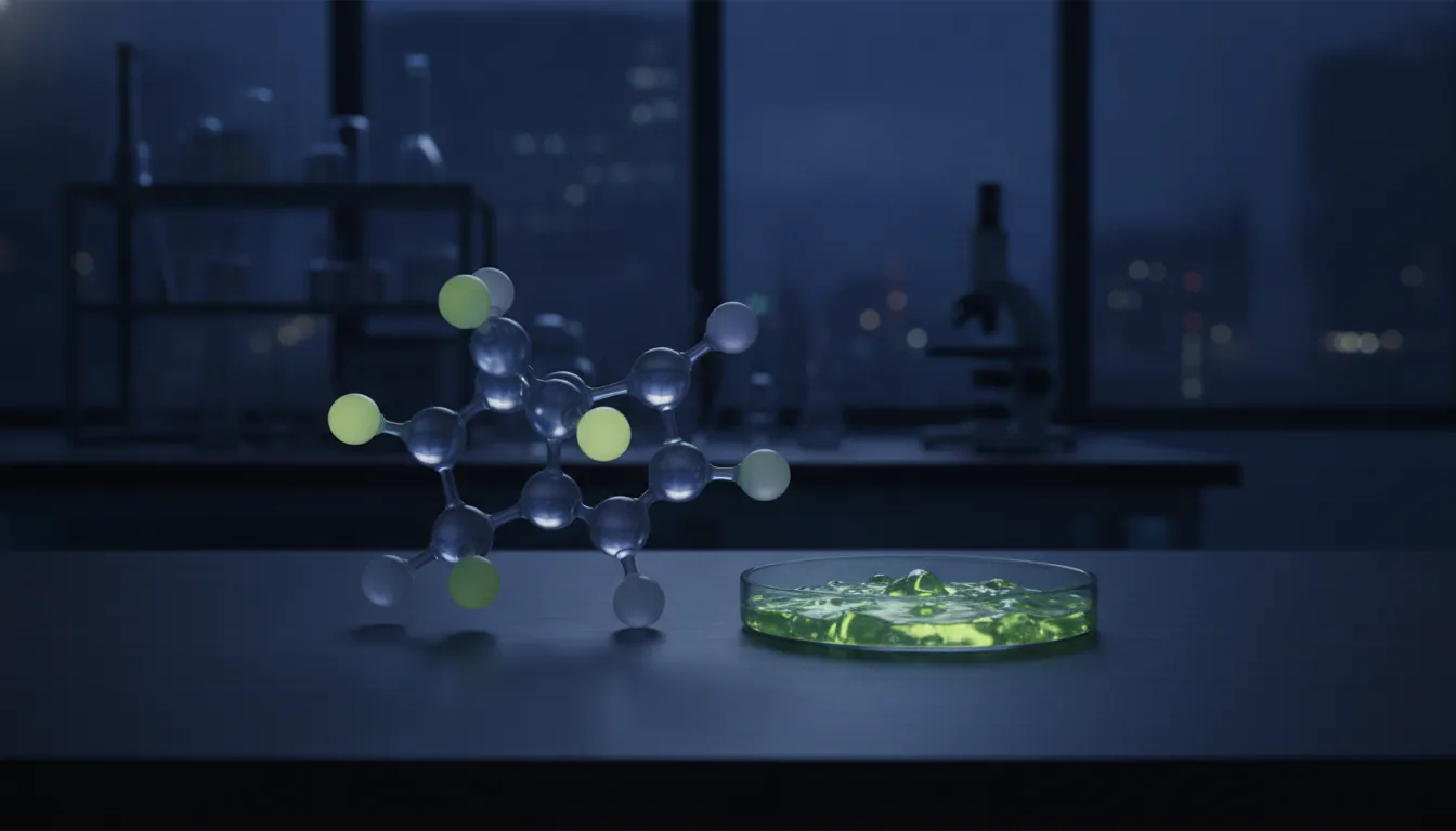 Molecular model and petri dish in a dimly lit lab setting