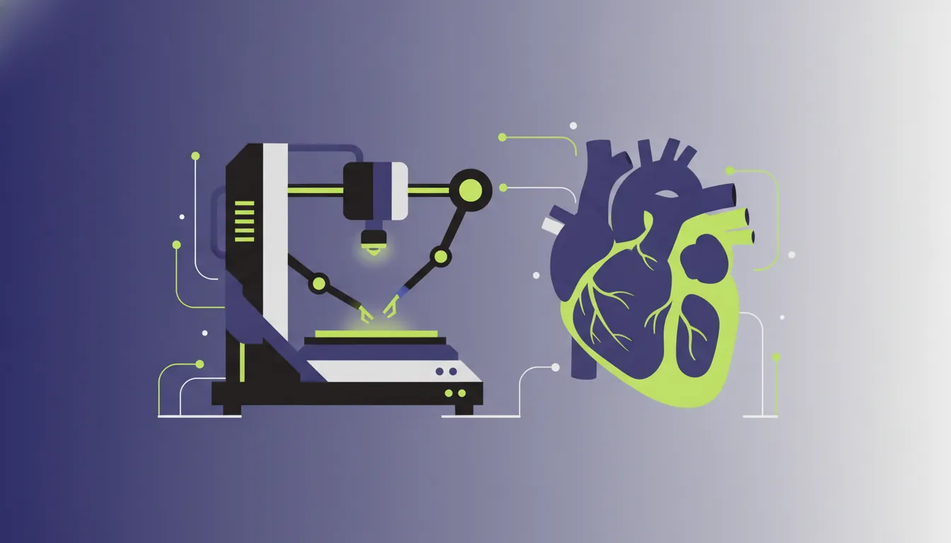 A minimalist illustration of a 3D organ printer and an organ silhouette.