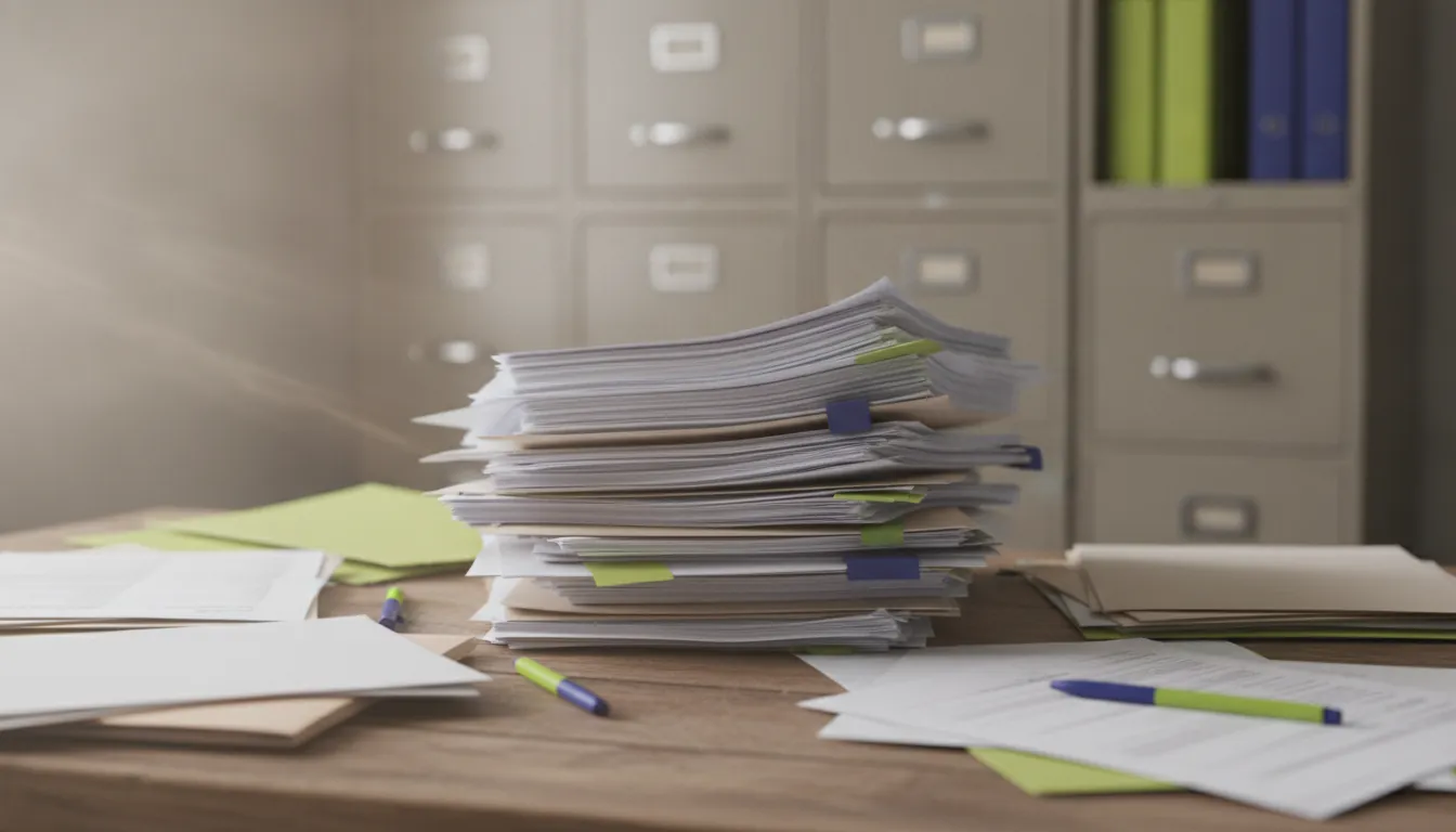 A stack of credentialing documents on a wooden desk in an office setting.