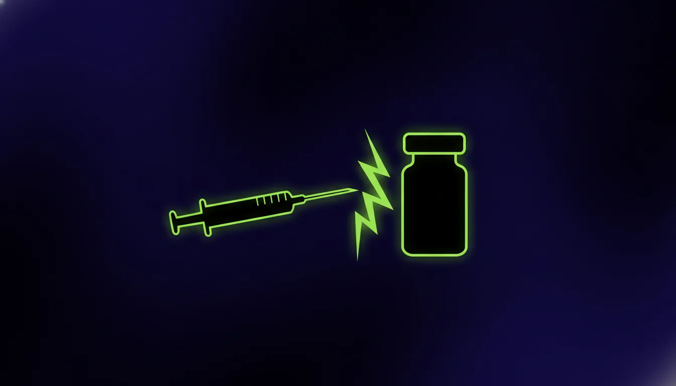A minimalist illustration of a syringe and drug vial representing a legal dispute in pharmaceuticals.