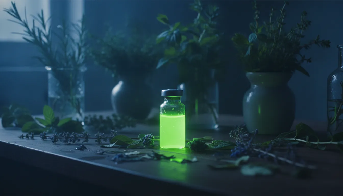 A vial of green pharmaceutical compound on a lab bench with herbs in the background.