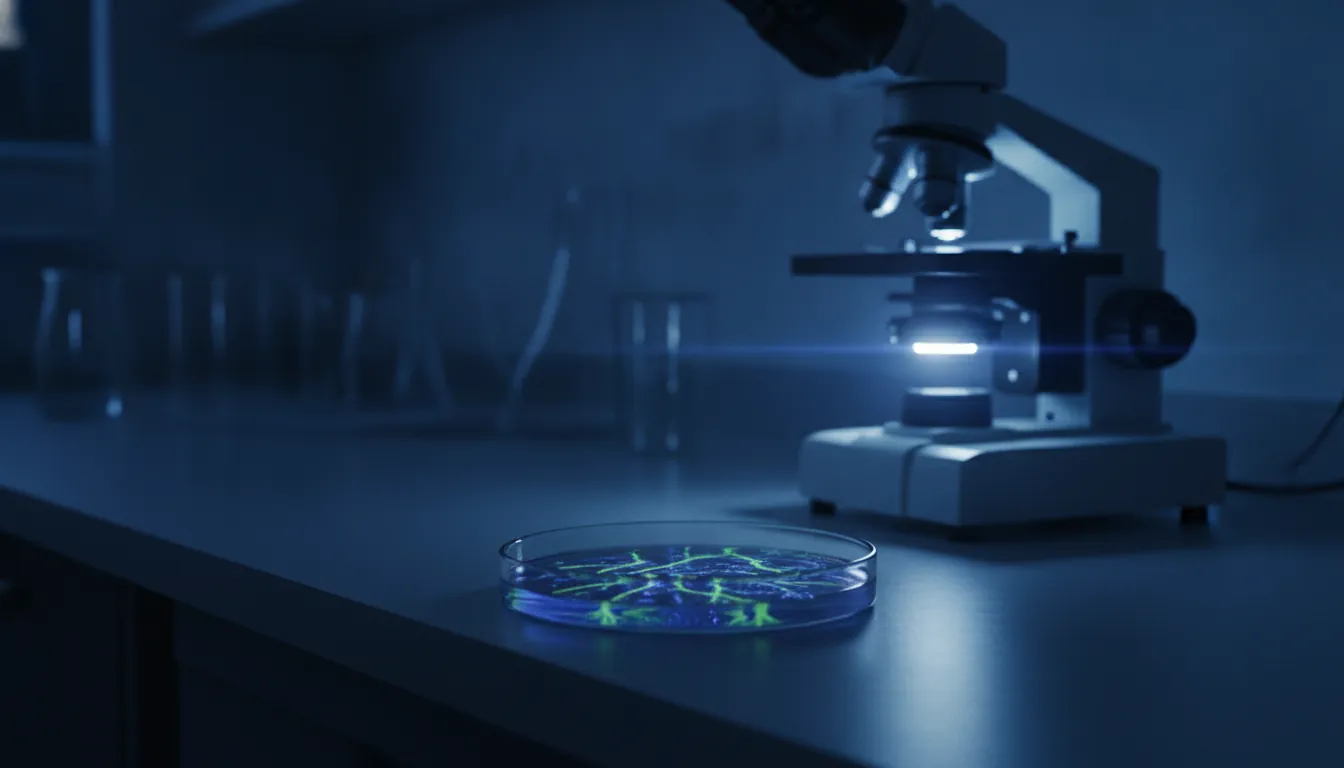 A petri dish with cultured cells in a dim laboratory setting, illuminated by soft ambient light.
