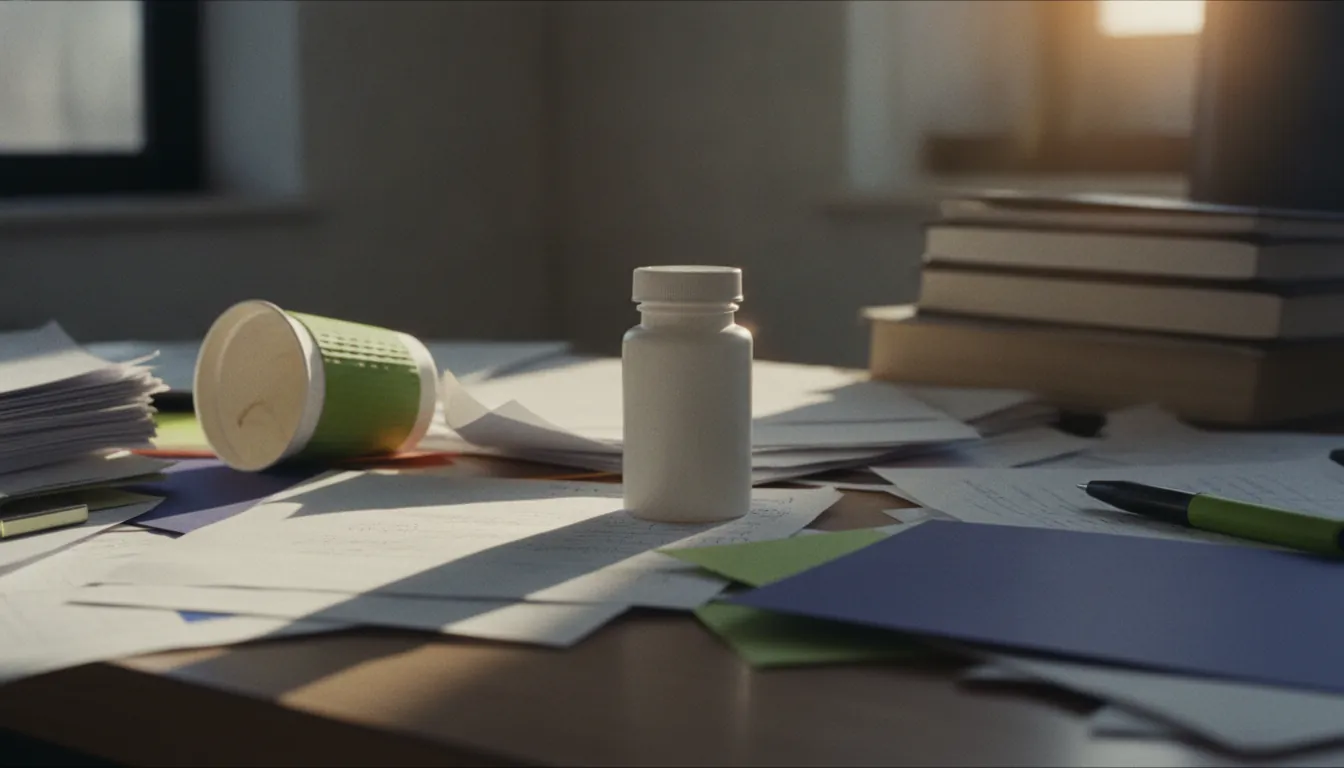 A generic drug bottle on a cluttered office desk
