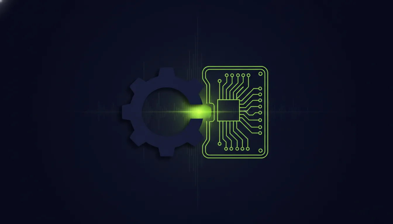 A minimalist representation of a gear and circuit board in a dark palette, symbolizing medical technology collaboration.