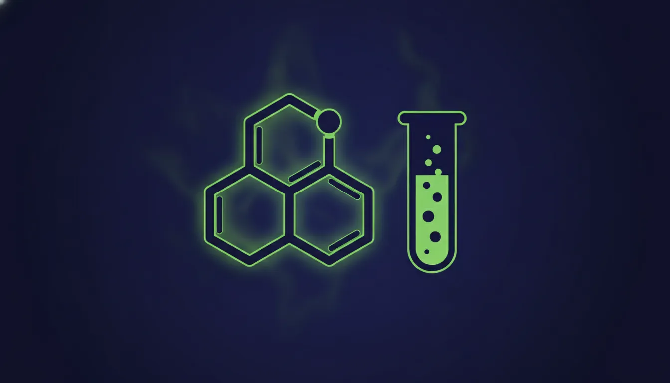 Minimalist illustration of a chemical structure and test tube on a dark background