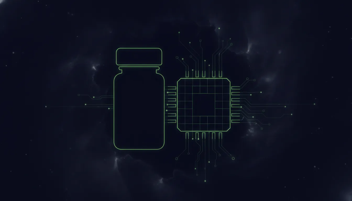 A minimalist illustration of a pill bottle and an AI chip on a dark background.