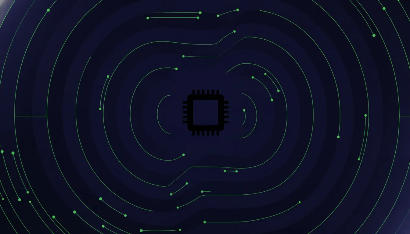 A minimalist illustration of a computer chip with energy waves, symbolizing advanced AI infrastructure.