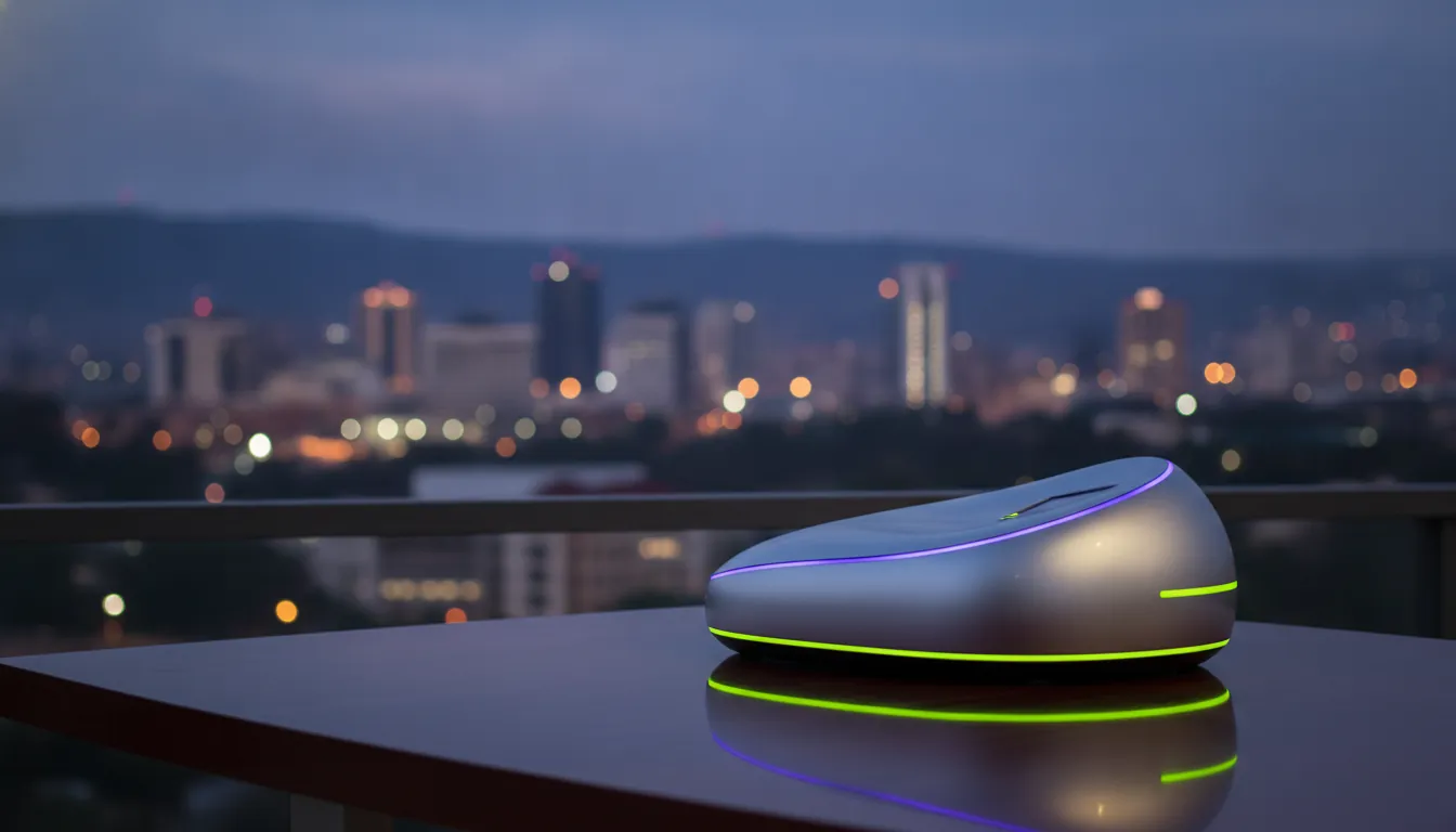 A medical device on a table with Kigali's skyline in the background at dusk.