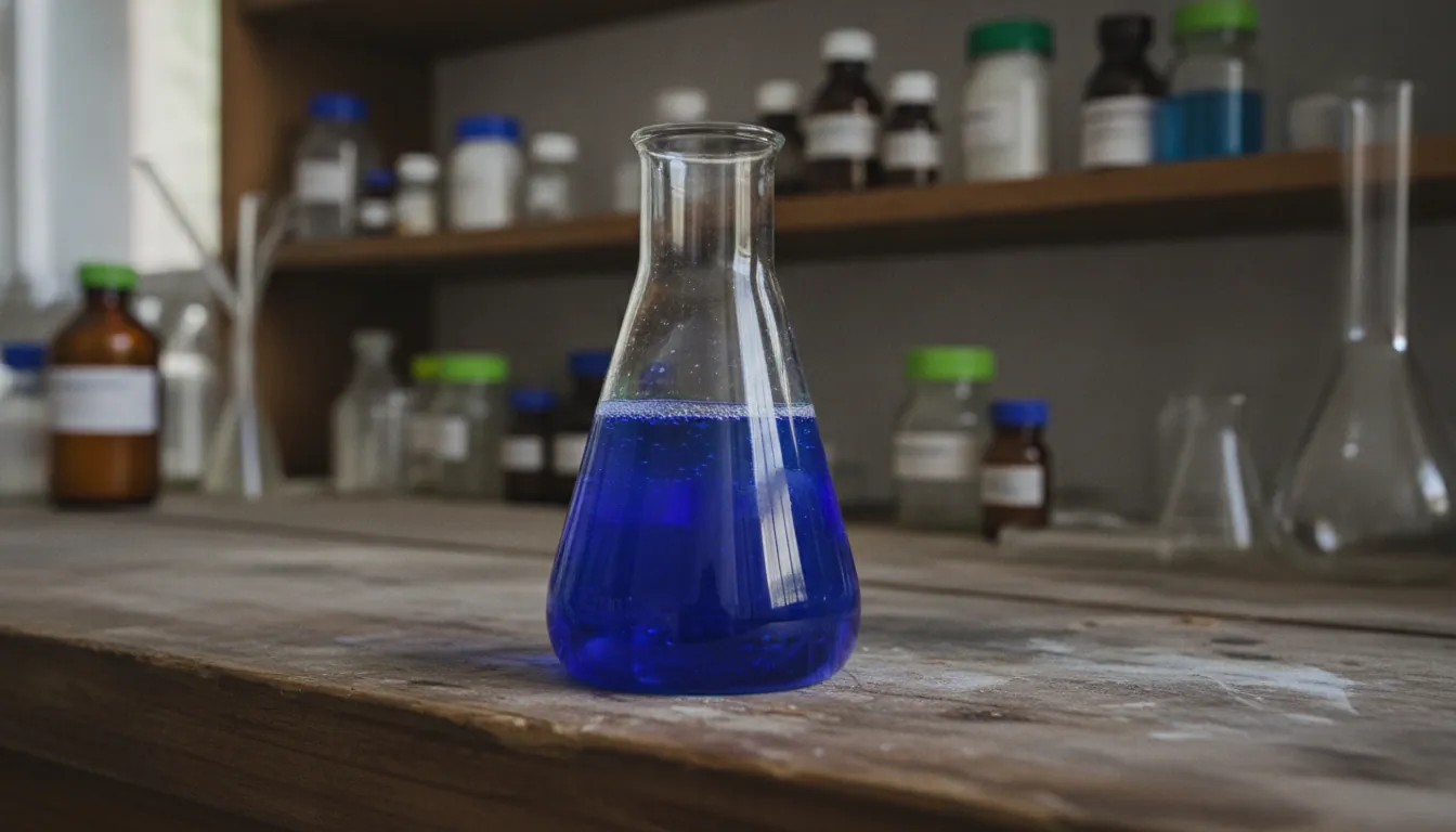 A laboratory flask with a blue drug compound on a wooden workbench
