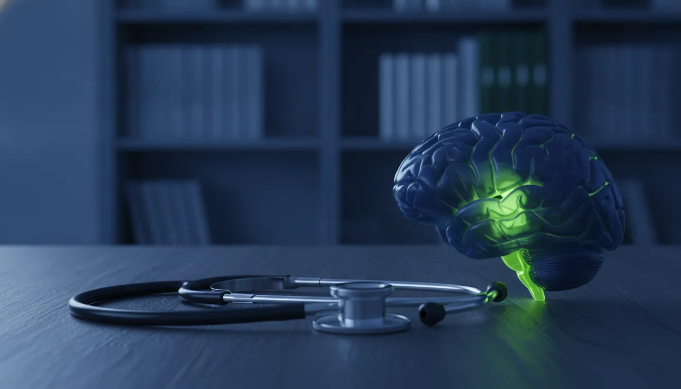 A stethoscope and brain model in a clinical setting