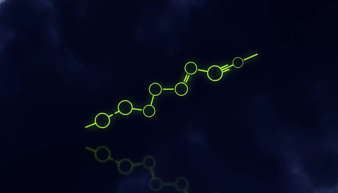 A minimalist representation of a peptide molecule in a dark color scheme.
