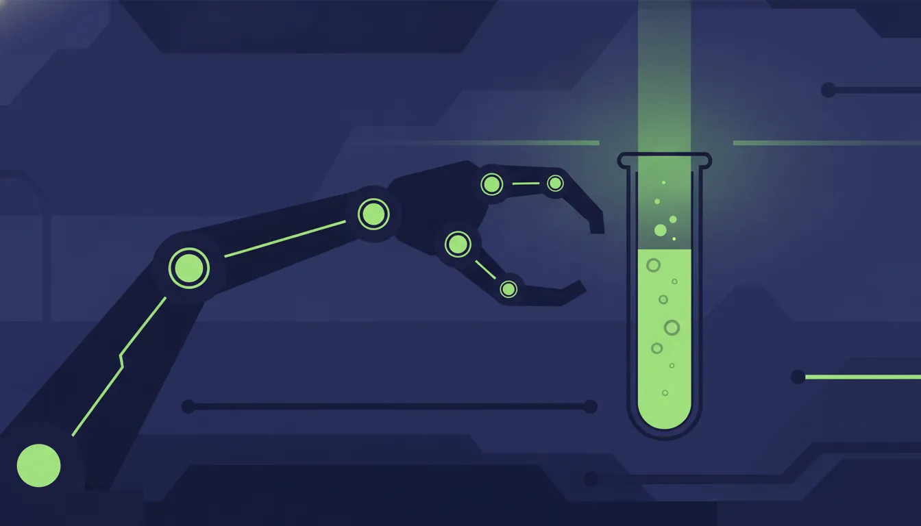 A minimalist illustration of a robotic arm and test tube in a dark color scheme.