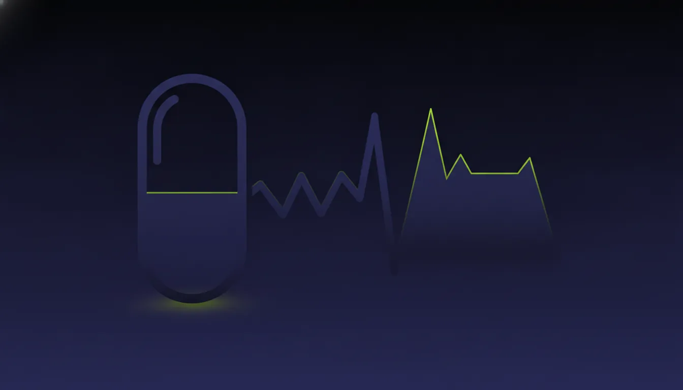 A minimalist representation of a drug capsule with a simulation graph.
