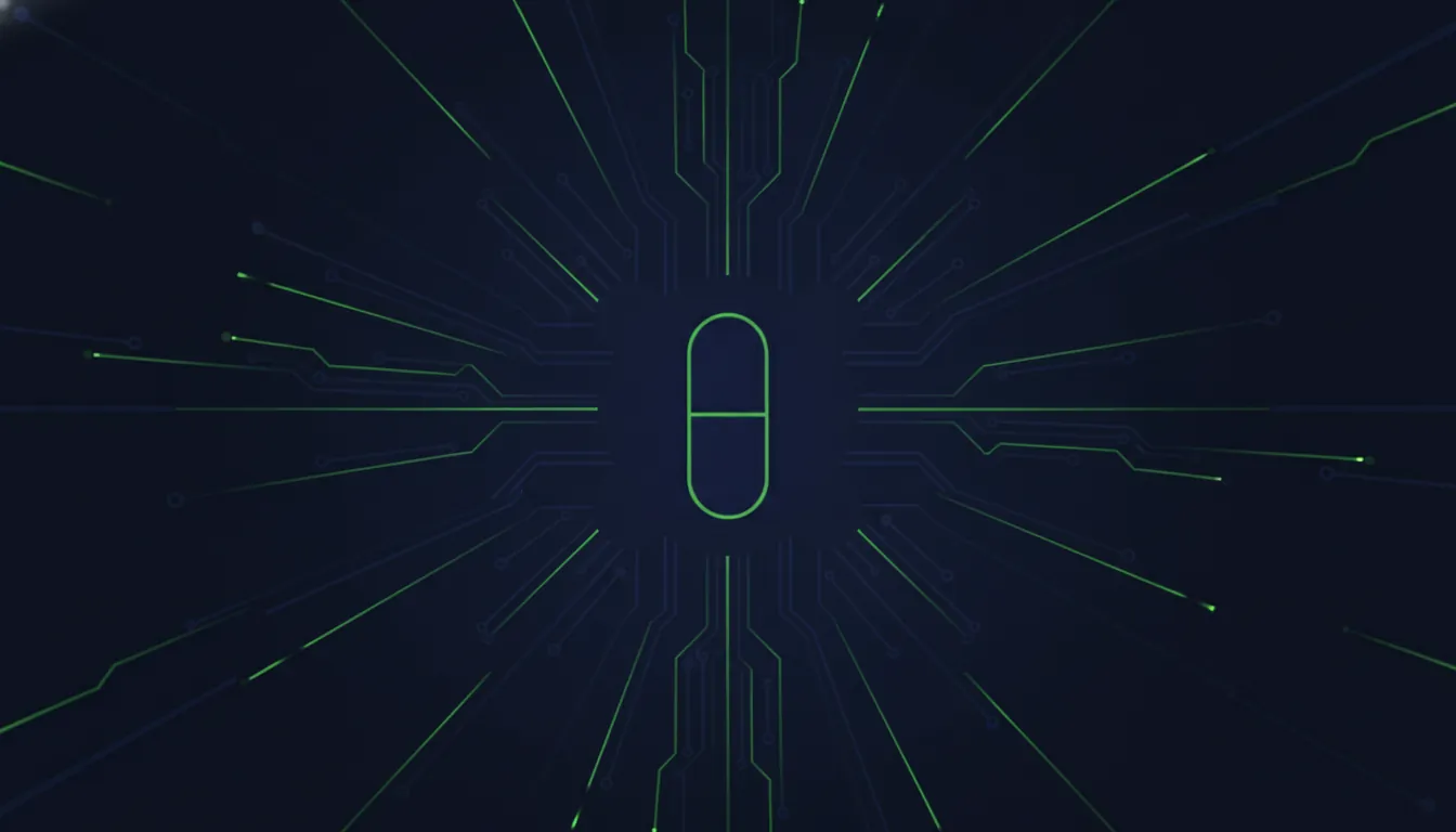 A minimalist illustration of a pill with data flow lines, symbolizing pharmaceutical innovation.