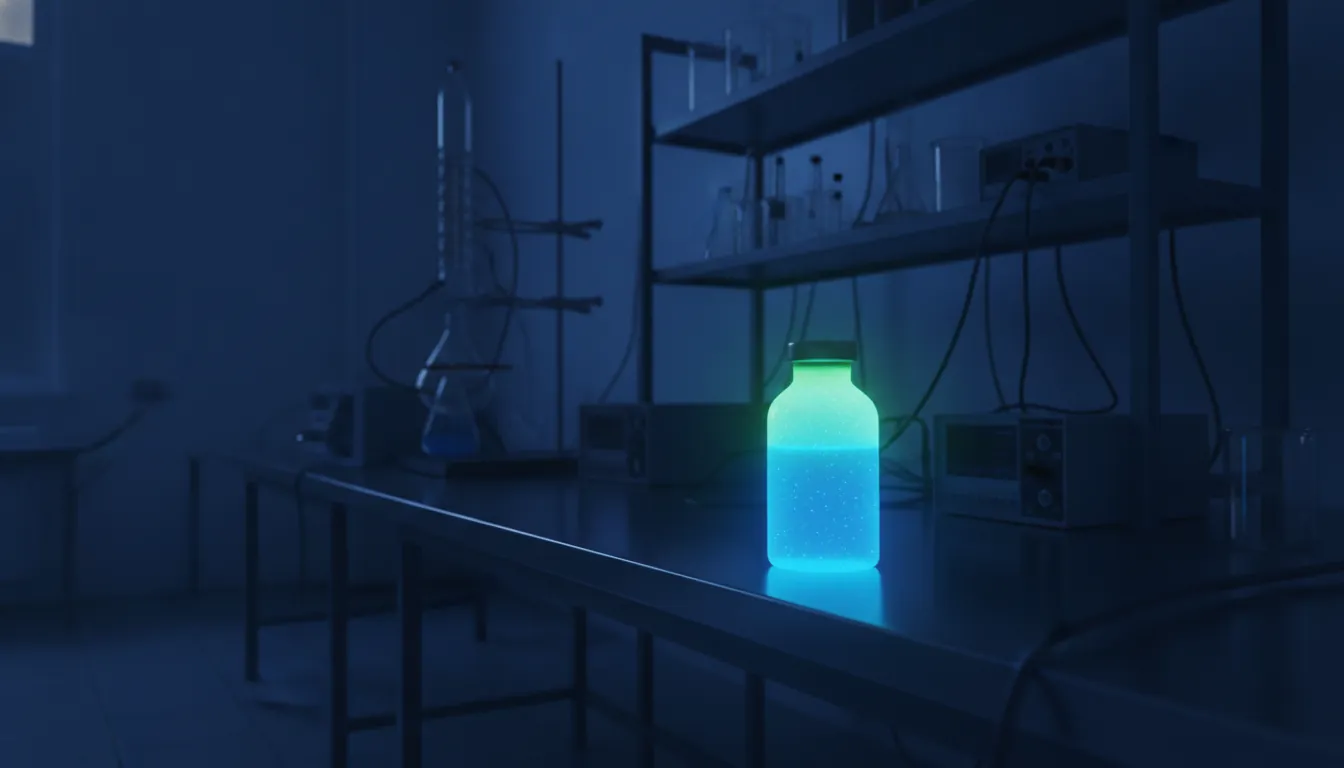 A laboratory vial containing a drug compound in a dimly lit lab setting.