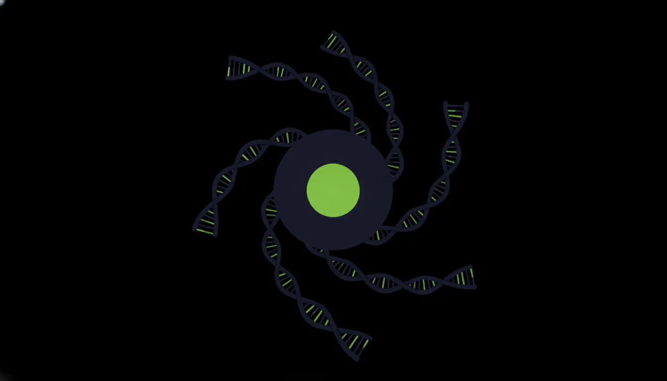 A minimalist representation of a single cell and gene strands in a dark palette.