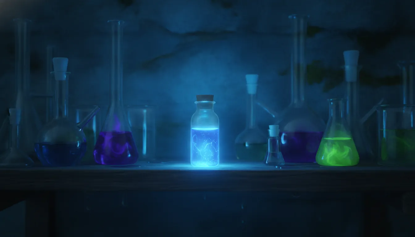 A laboratory vial filled with a colorful liquid on a shelf in a dimly lit lab.