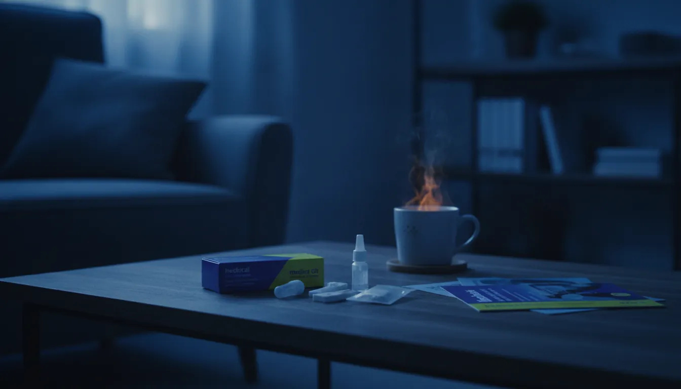 An at-home testing kit on a coffee table in a cozy living room setting.