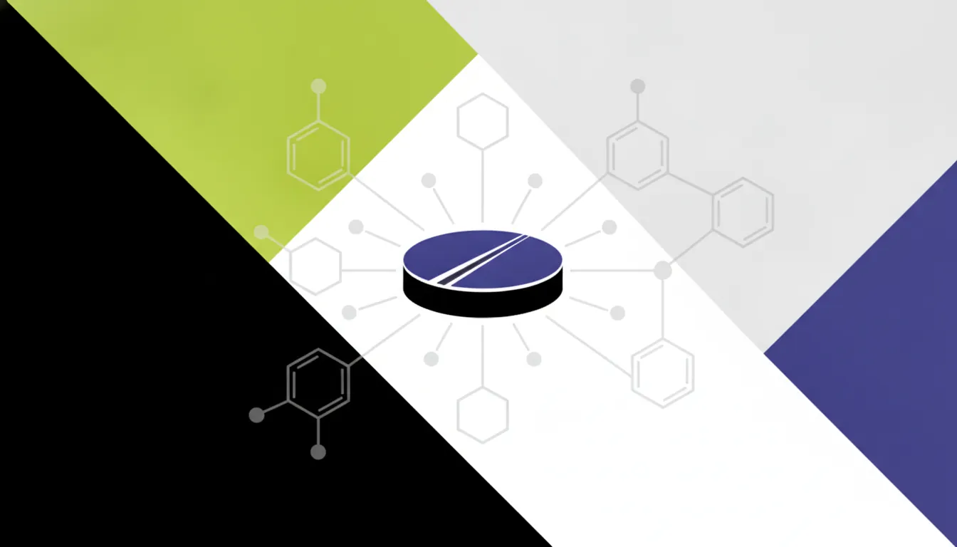 A minimalist illustration of a pill with a molecular structure background.