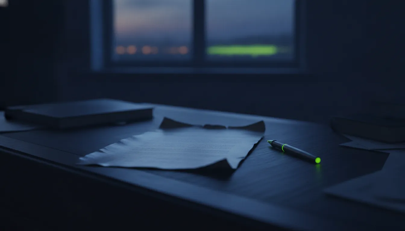 A document and pen on a desk in a dimly lit office setting.