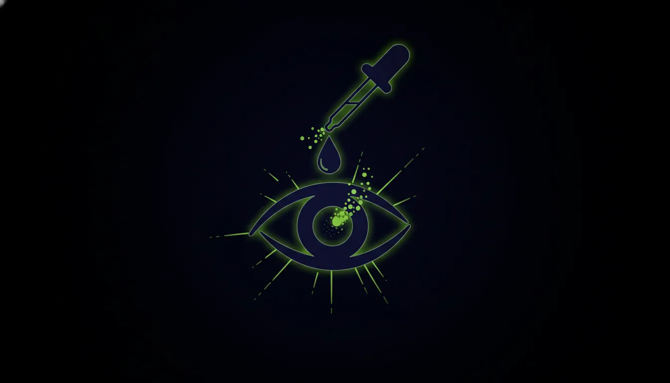 An eye with a dropper, representing eye drug development.