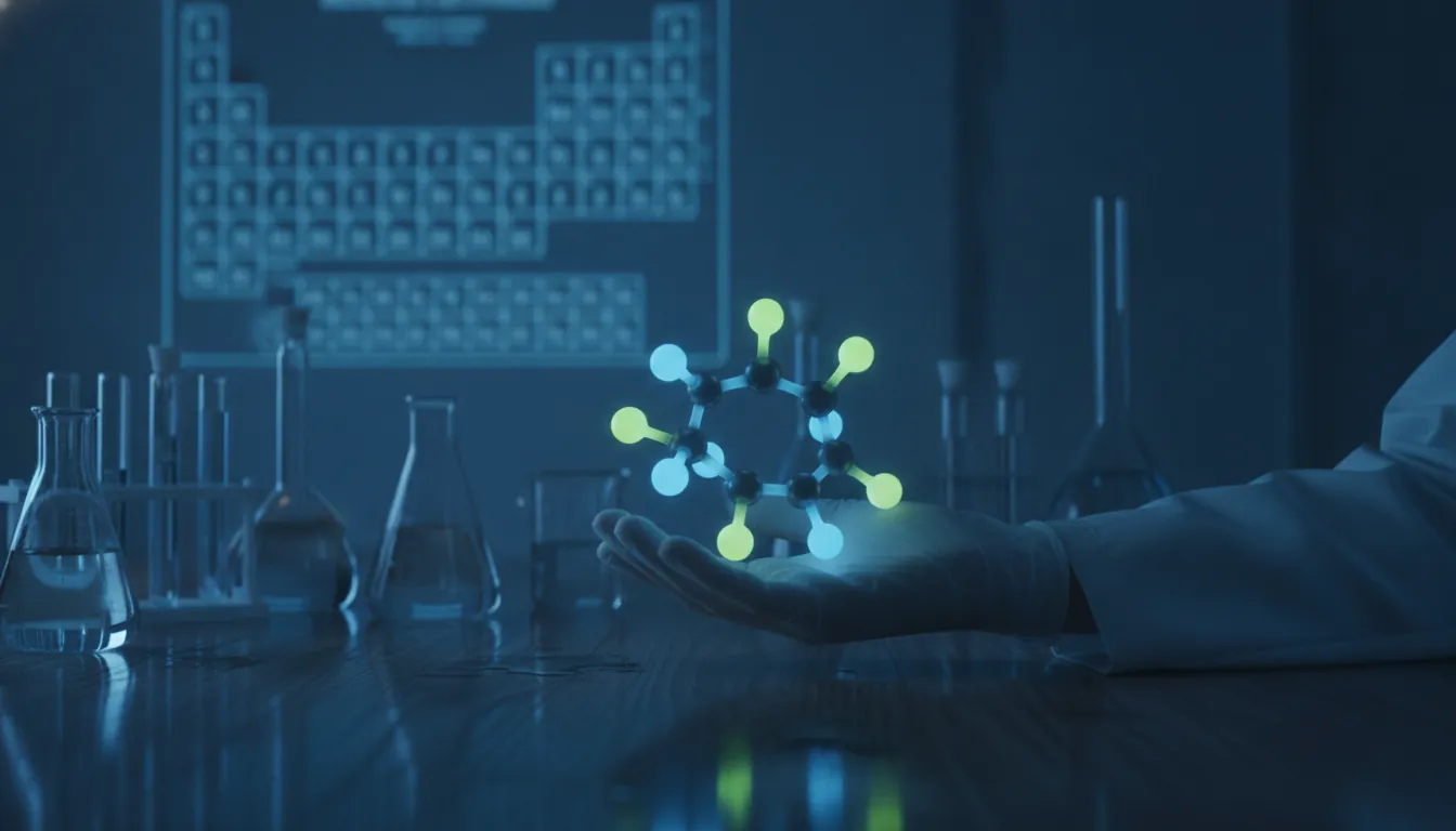 A scientist's hand holding a molecular compound in a dimly lit lab.